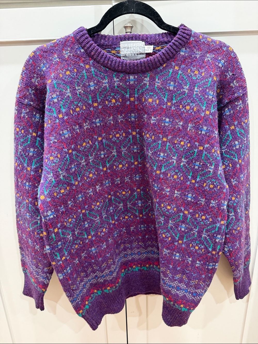 Vintage S. Fisher London 100% Wool Abstract Geometric Knit Sweater